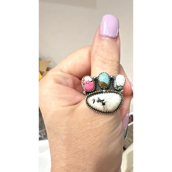 White Buffalo & Cotton Candy Cluster Sterling Ring Adjustable 5-11 - Picture 5 of 9